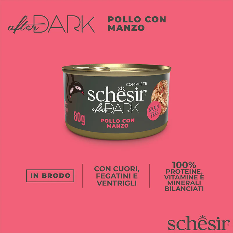 Schesir After Dark Wholefood In Broth For Cat - Chicken With Beef 80g (Min Order- 12 Cans)