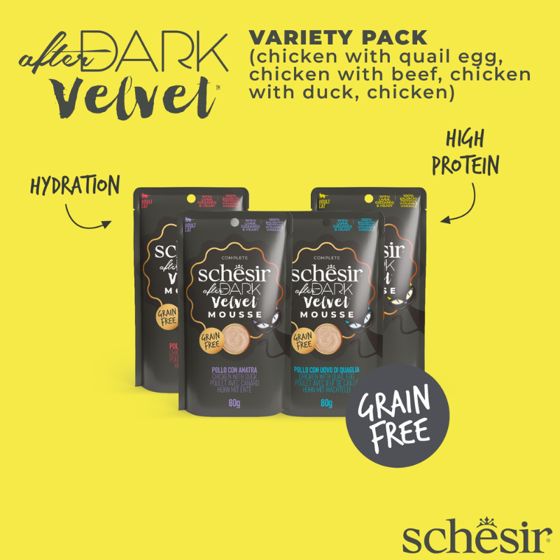 Schesir After Dark Velvet Mousse In Broth Variety Pack For Cat 960g (80g x12 Pouch) - 4 Flavors ( 3 Pouch Each Flavor)