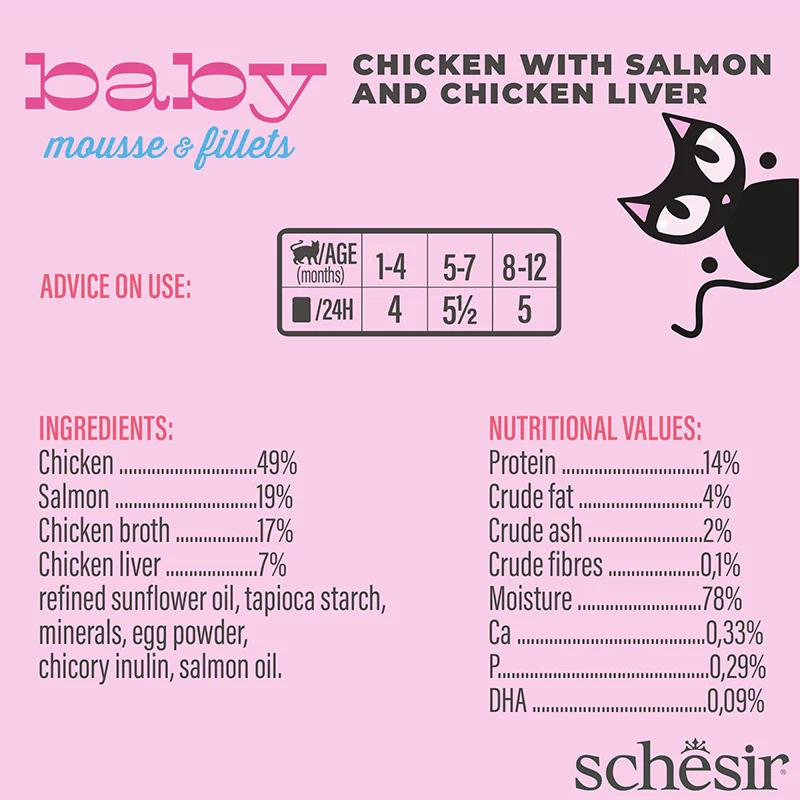 Schesir Baby Cat Can Multipack Mousse & Fillets - Chicken With Salmon & Chicken Liver 165g (3 Cans x55g)