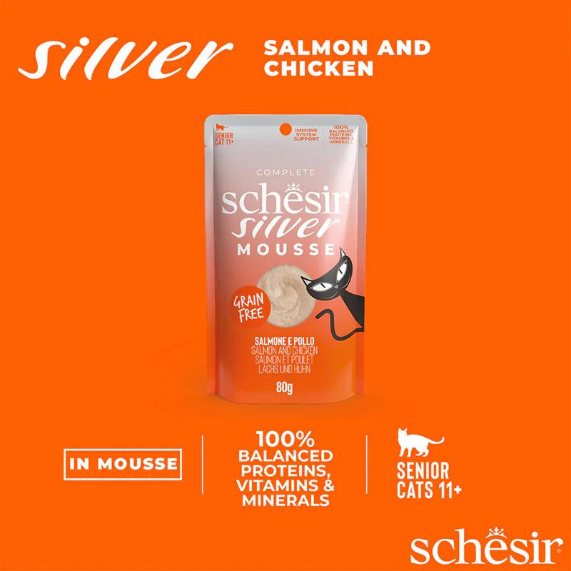 Schesir Silver Mousse Senior Cat - Salmon And Chicken 80g (Min Order- 12 Pouch)