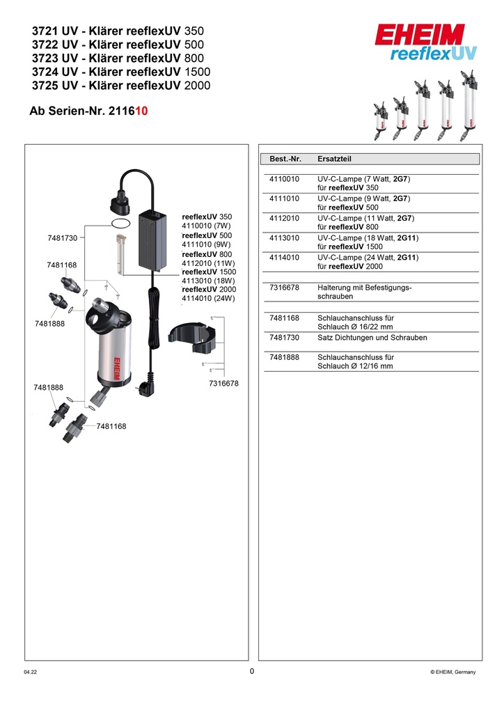 EHEIM UV-C-lamp 18W-2G11 f. reeflexUV 1500