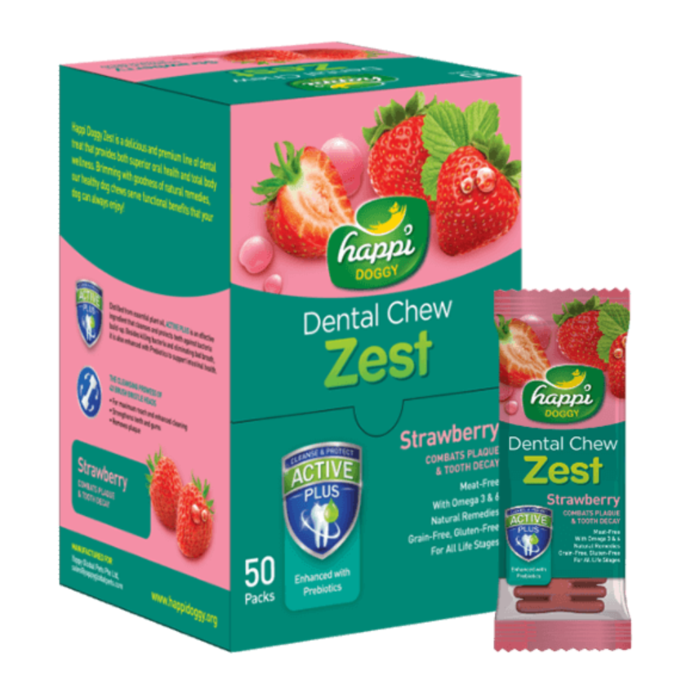 Happi Doggy Dental Chew Zest-Strawberry-4'' (Display Box-50pcs)