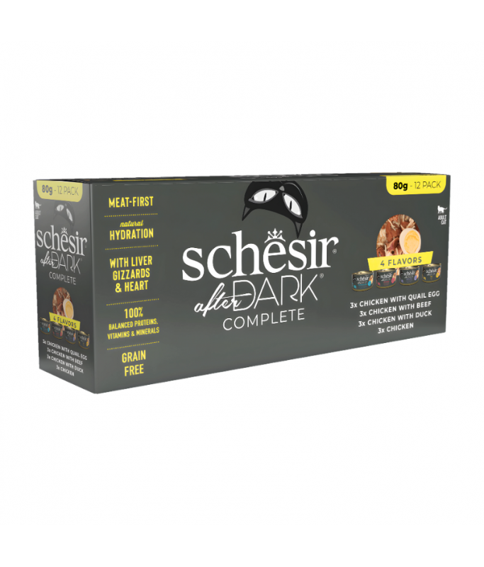 Schesir After Dark Wholefood In Broth Variety Pack For Cat 960g (80g x12 Cans) - 4 Flavors (3 Cans Each Flavor)