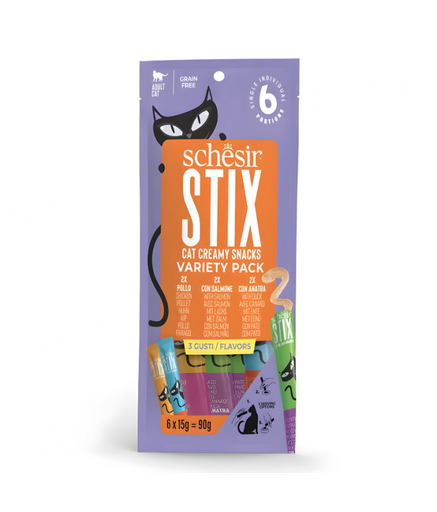 [SCINV25235004] Schesir Stix Treat Variety Pack  6x15g - Mixed Flavors: Chicken,Duck & Salmon, (Min Order- 12 Pack)